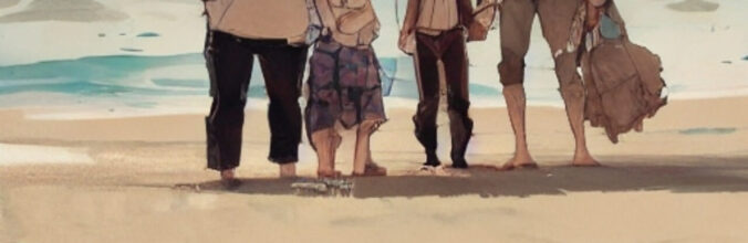 Famile steht am Strand